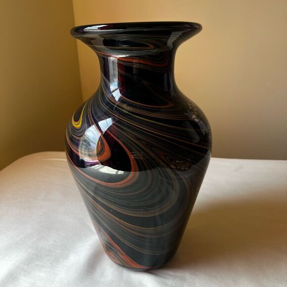 Murano Style Art Glass Vase Hand Blown Blackβ with Gold Foil Mid Century Modern - Picture 11 of 12